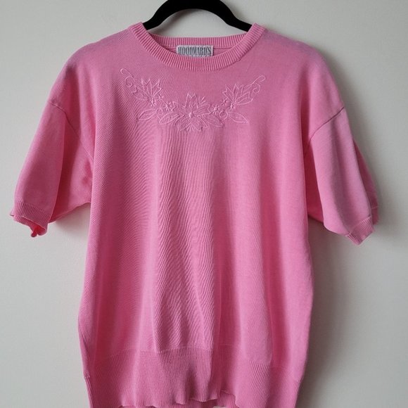 VINTAGE Woodward's Short Sleeve Embroidered Neckline Knit Pink Sweater - Picture 4 of 11
